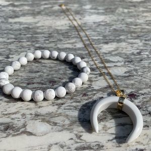 White crescent moon necklace and Howlite bracelet